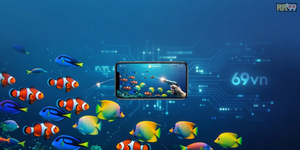 Minh họa khái niệm bắn cá online 69vn với giao diện game sống động và người chơi hứng thú